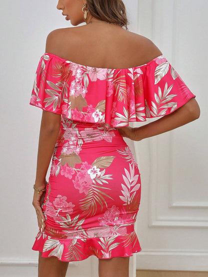 Selianne Tropical Print Off Shoulder Ruffle Trim Ruched Bodycon Dress Vacation Beach Outfits Women