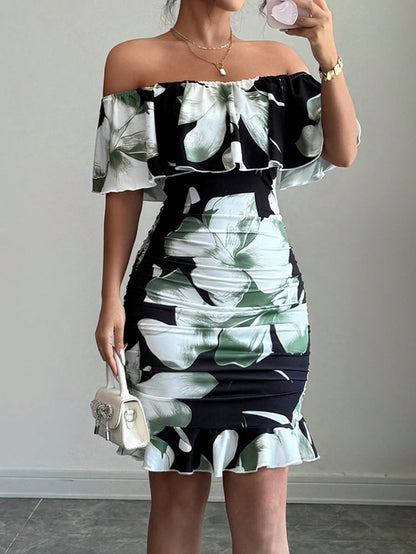 Selianne Tropical Print Off Shoulder Ruffle Trim Ruched Bodycon Dress Vacation Beach Outfits Women
