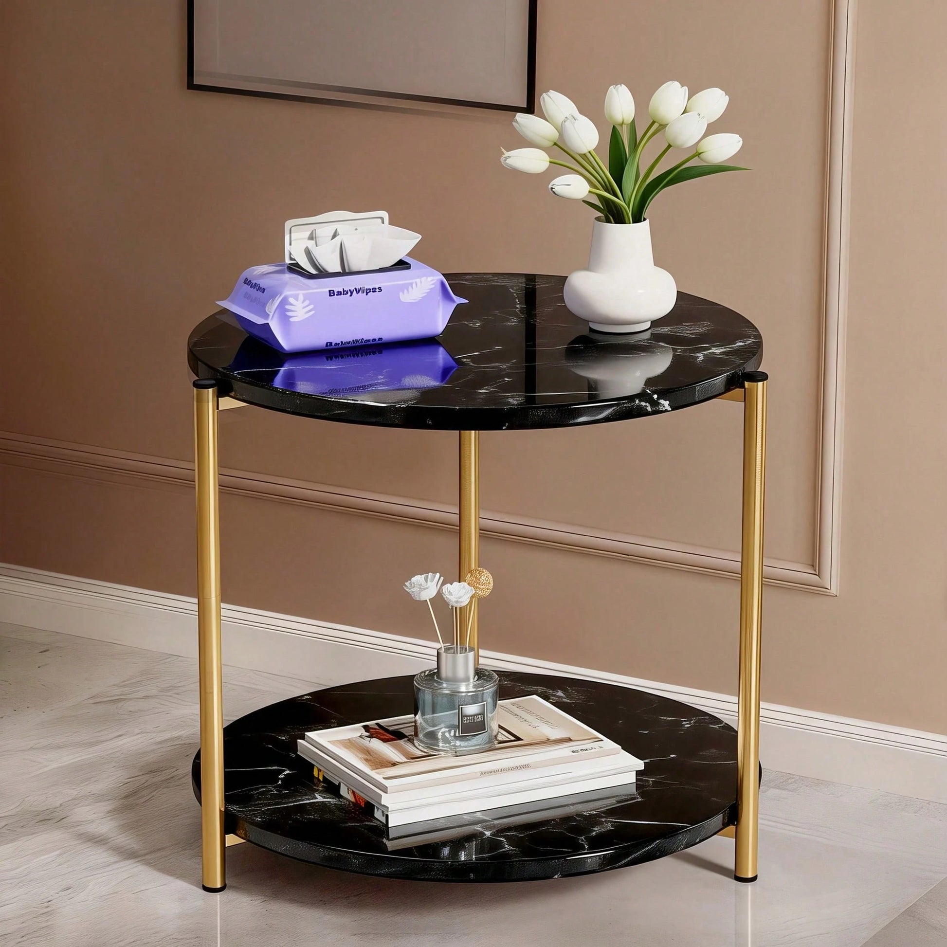 Senmeo Double-Tier Round Side Table, Minimalist Accent Table, Dual-Purpose Indoor Outdoor Table With Metal Reinforcement, Easy Assembly For Bedroom Living Room