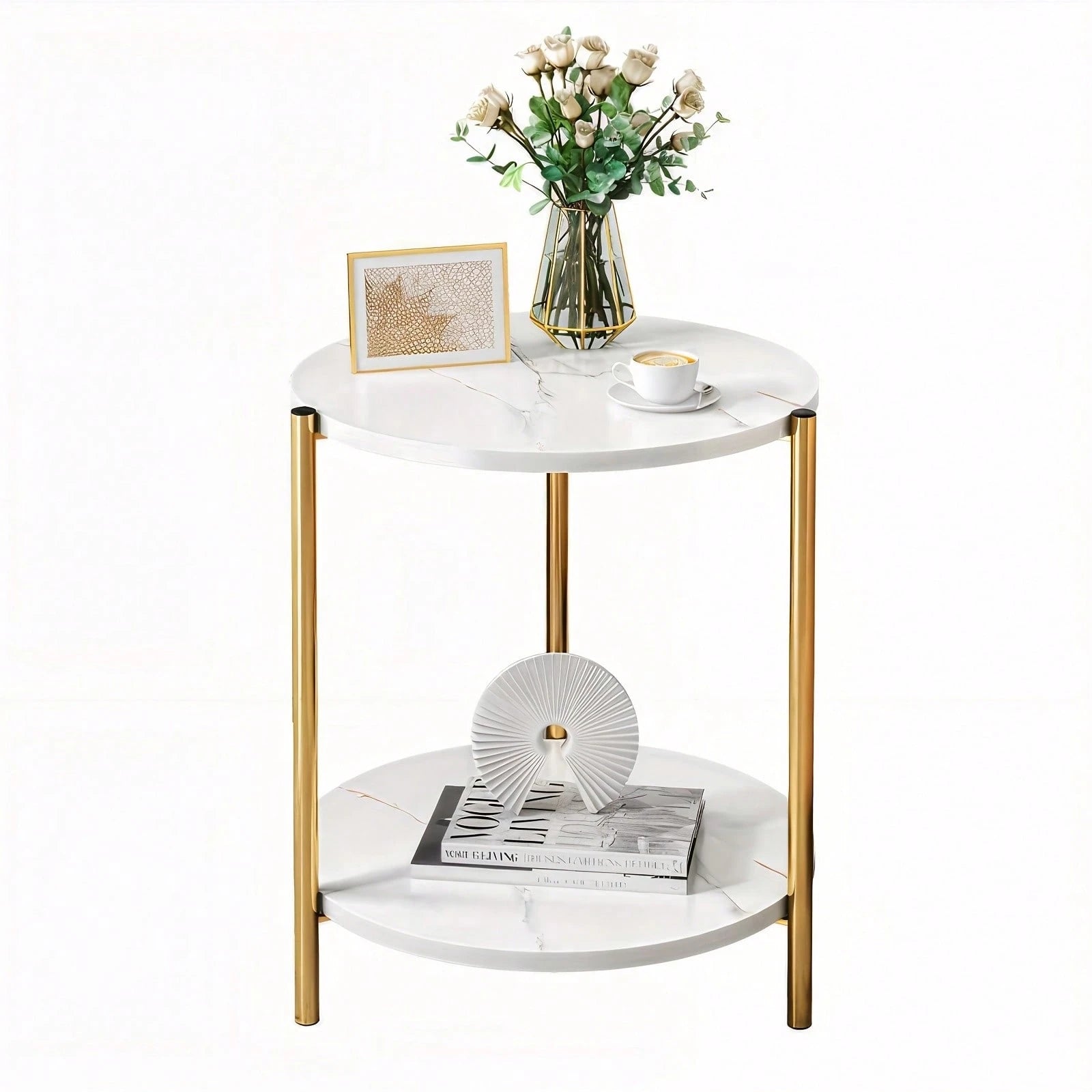 Senmeo Double-Tier Round Side Table, Minimalist Accent Table, Dual-Purpose Indoor Outdoor Table With Metal Reinforcement, Easy Assembly For Bedroom Living Room