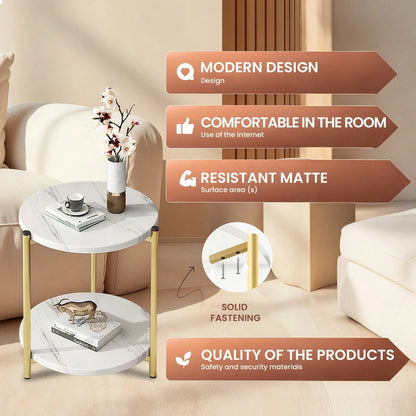 Senmeo Double-Tier Round Side Table, Minimalist Accent Table, Dual-Purpose Indoor Outdoor Table With Metal Reinforcement, Easy Assembly For Bedroom Living Room