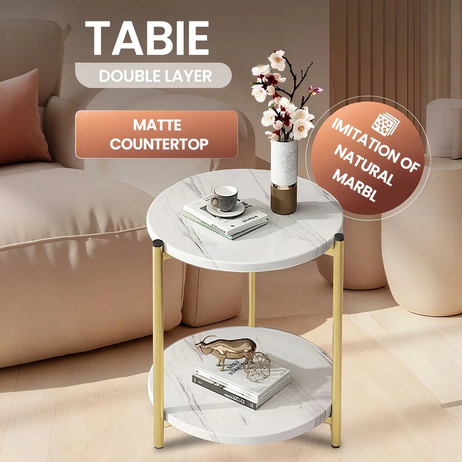 Senmeo Double-Tier Round Side Table, Minimalist Accent Table, Dual-Purpose Indoor Outdoor Table With Metal Reinforcement, Easy Assembly For Bedroom Living Room