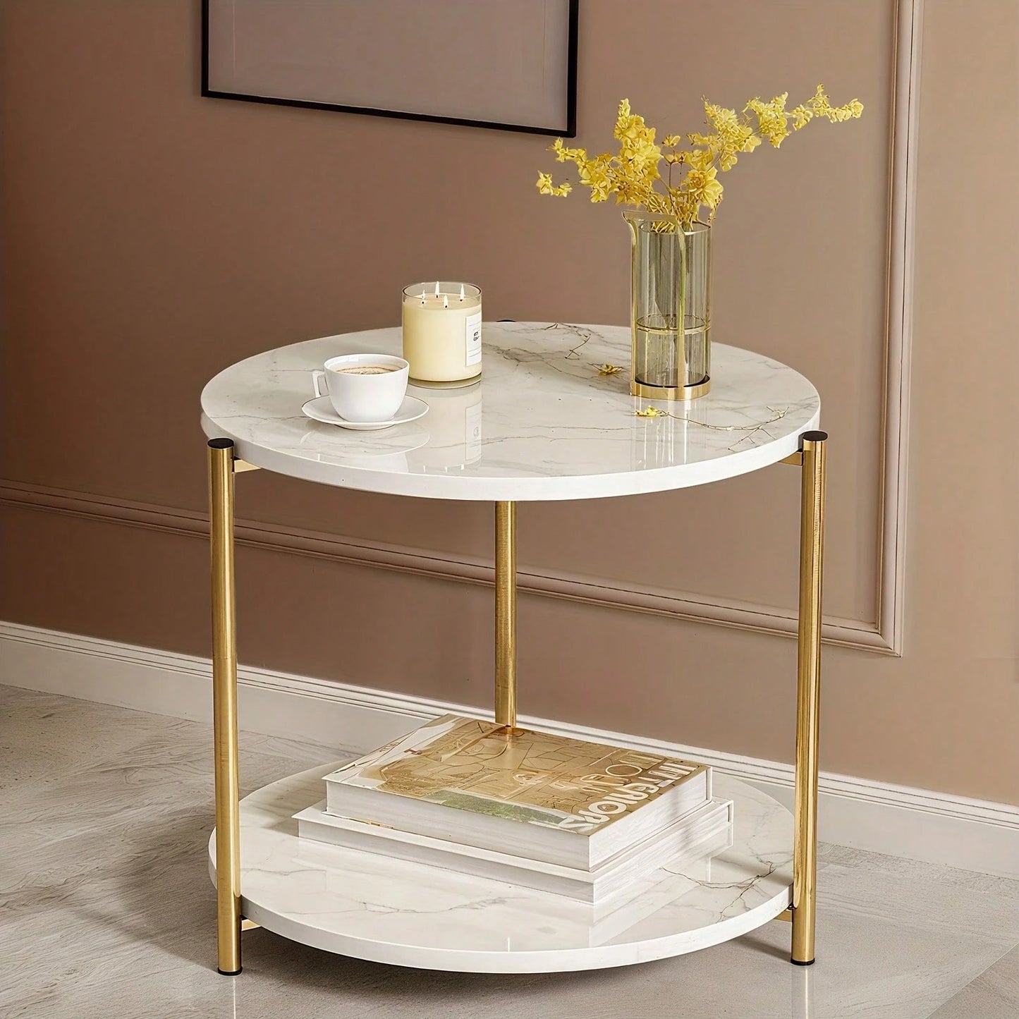 Senmeo Double-Tier Round Side Table, Minimalist Accent Table, Dual-Purpose Indoor Outdoor Table With Metal Reinforcement, Easy Assembly For Bedroom Living Room