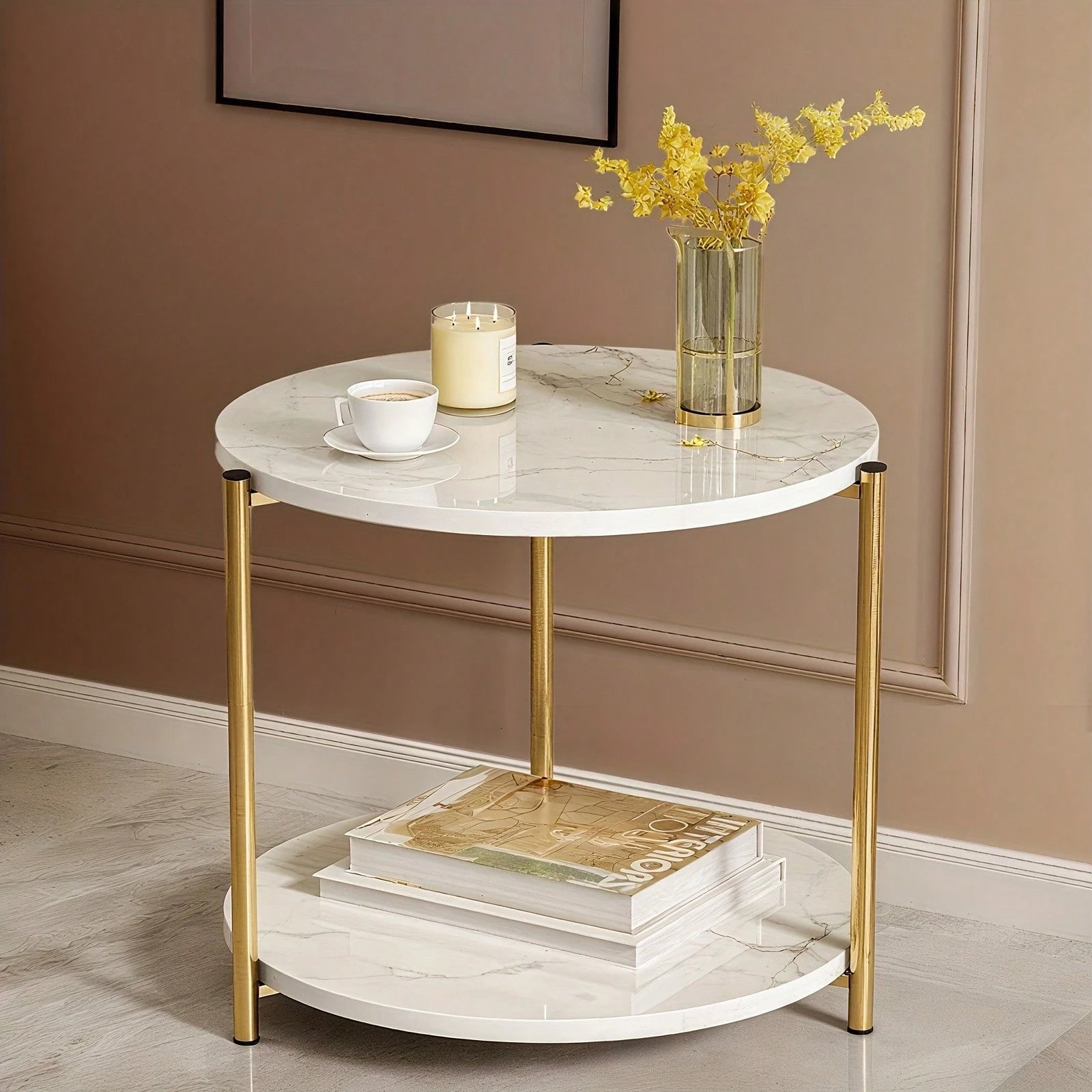 Senmeo Double-Tier Round Side Table, Minimalist Accent Table, Dual-Purpose Indoor Outdoor Table With Metal Reinforcement, Easy Assembly For Bedroom Living Room