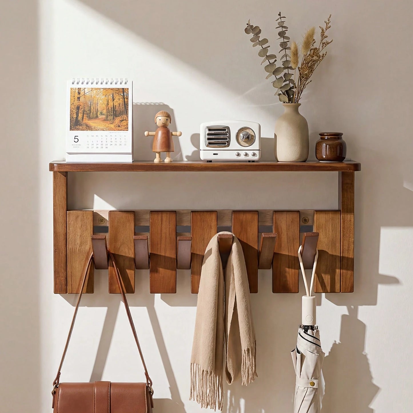 Senmeo Wall Mounted Coat Rack With Shelf, Solid Wood Floating Organizer With 6/8 Magnetic Hooks For Clothes/Hats/Bags – Brown