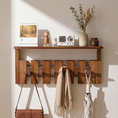 Senmeo Wall Mounted Coat Rack With Shelf, Solid Wood Floating Organizer With 6/8 Magnetic Hooks For Clothes/Hats/Bags – Brown