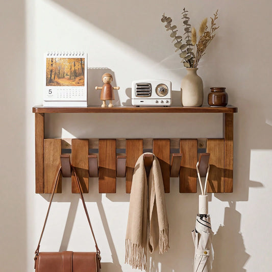Senmeo Wall Mounted Coat Rack With Shelf, Solid Wood Floating Organizer With 6/8 Magnetic Hooks For Clothes/Hats/Bags – Brown