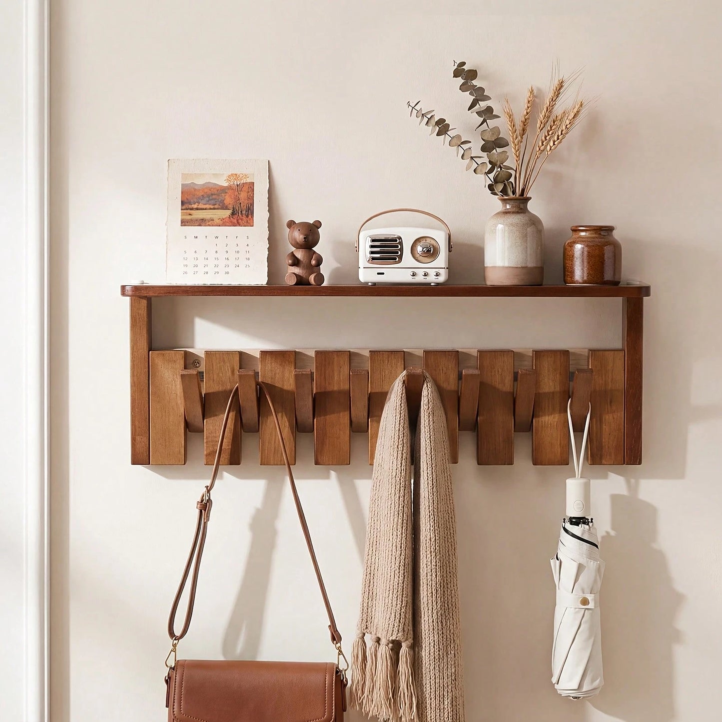 Senmeo Wall Mounted Coat Rack With Shelf, Solid Wood Floating Organizer With 6/8 Magnetic Hooks For Clothes/Hats/Bags – Brown