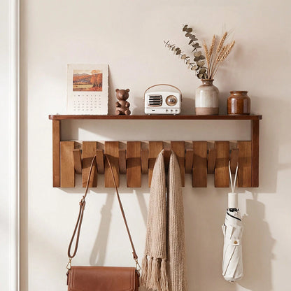 Senmeo Wall Mounted Coat Rack With Shelf, Solid Wood Floating Organizer With 6/8 Magnetic Hooks For Clothes/Hats/Bags – Brown