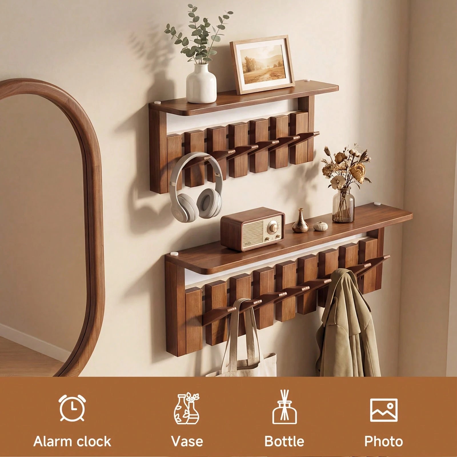Senmeo Wall Mounted Coat Rack With Shelf, Solid Wood Floating Organizer With 6/8 Magnetic Hooks For Clothes/Hats/Bags – Brown