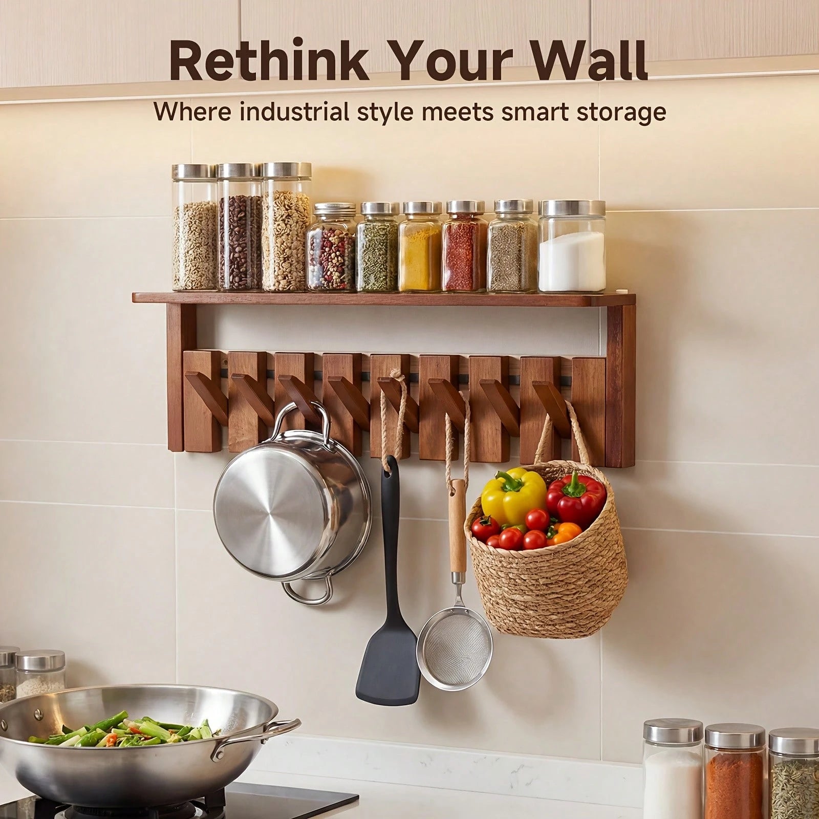 Senmeo Wall Mounted Coat Rack With Shelf, Solid Wood Floating Organizer With 6/8 Magnetic Hooks For Clothes/Hats/Bags – Brown