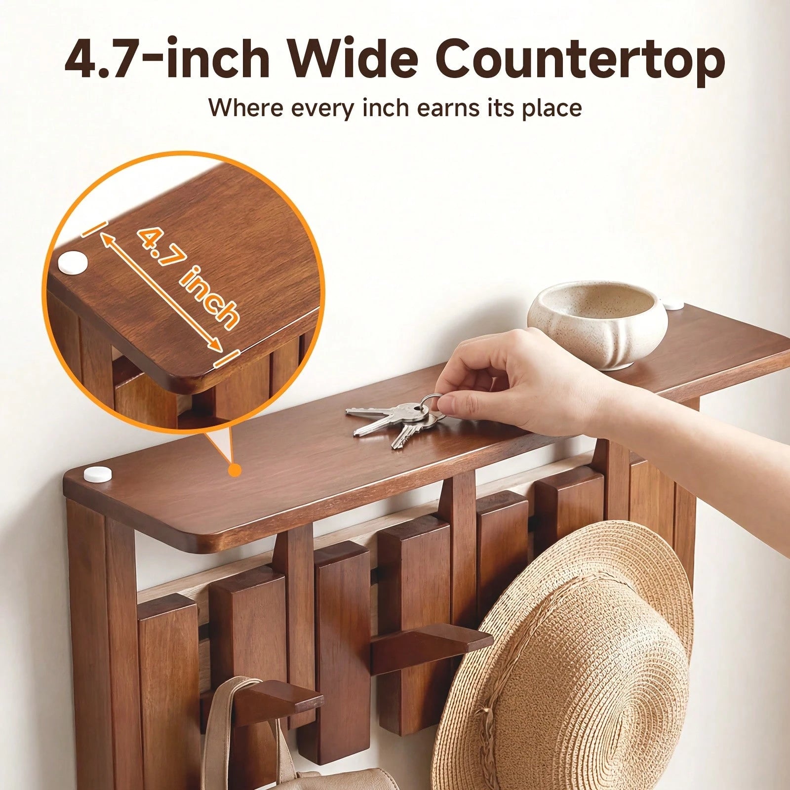 Senmeo Wall Mounted Coat Rack With Shelf, Solid Wood Floating Organizer With 6/8 Magnetic Hooks For Clothes/Hats/Bags – Brown