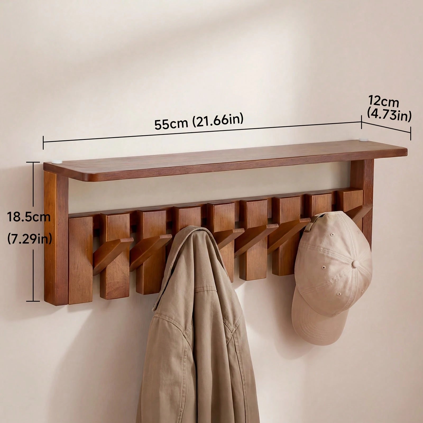 Senmeo Wall Mounted Coat Rack With Shelf, Solid Wood Floating Organizer With 6/8 Magnetic Hooks For Clothes/Hats/Bags – Brown