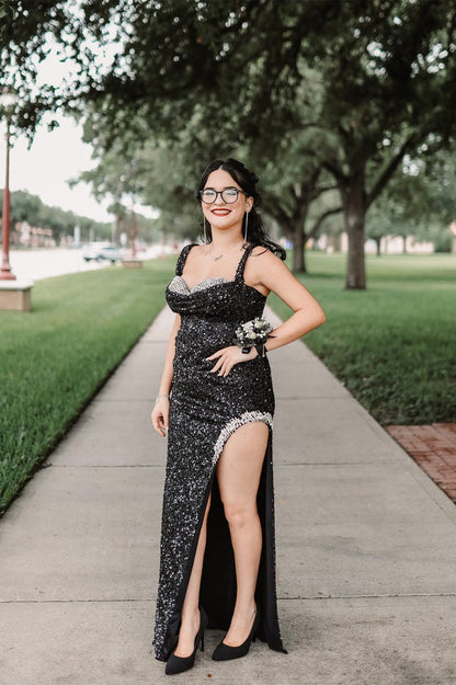 Sexy Black Sequin Tight Long Formal Dress with Slit