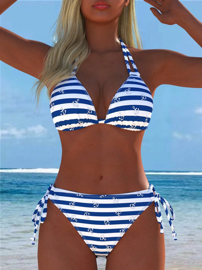 Sexy Casual Women's Halter Bikini Set, Navy Stripe & Anchor Pattern Print, Tie-Side Swimsuit, New Arrival, Holiday Summer Vacation Travel Outfit Beach