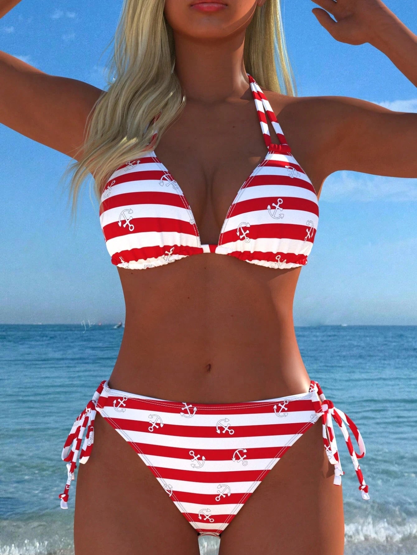 Sexy Casual Women's Halter Bikini Set, Navy Stripe & Anchor Print Tie Swimwear, New Arrival, Holiday Summer Vacation Travel Outfit Beach