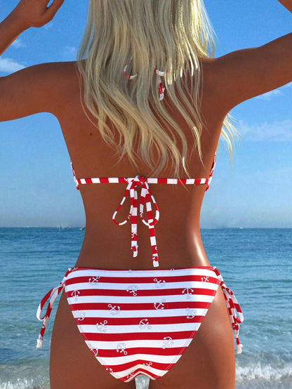 Sexy Casual Women's Halter Bikini Set, Navy Stripe & Anchor Print Tie Swimwear, New Arrival, Holiday Summer Vacation Travel Outfit Beach