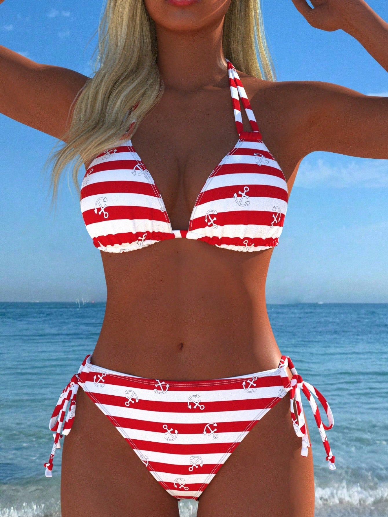 Sexy Casual Women's Halter Bikini Set, Navy Stripe & Anchor Print Tie Swimwear, New Arrival, Holiday Summer Vacation Travel Outfit Beach
