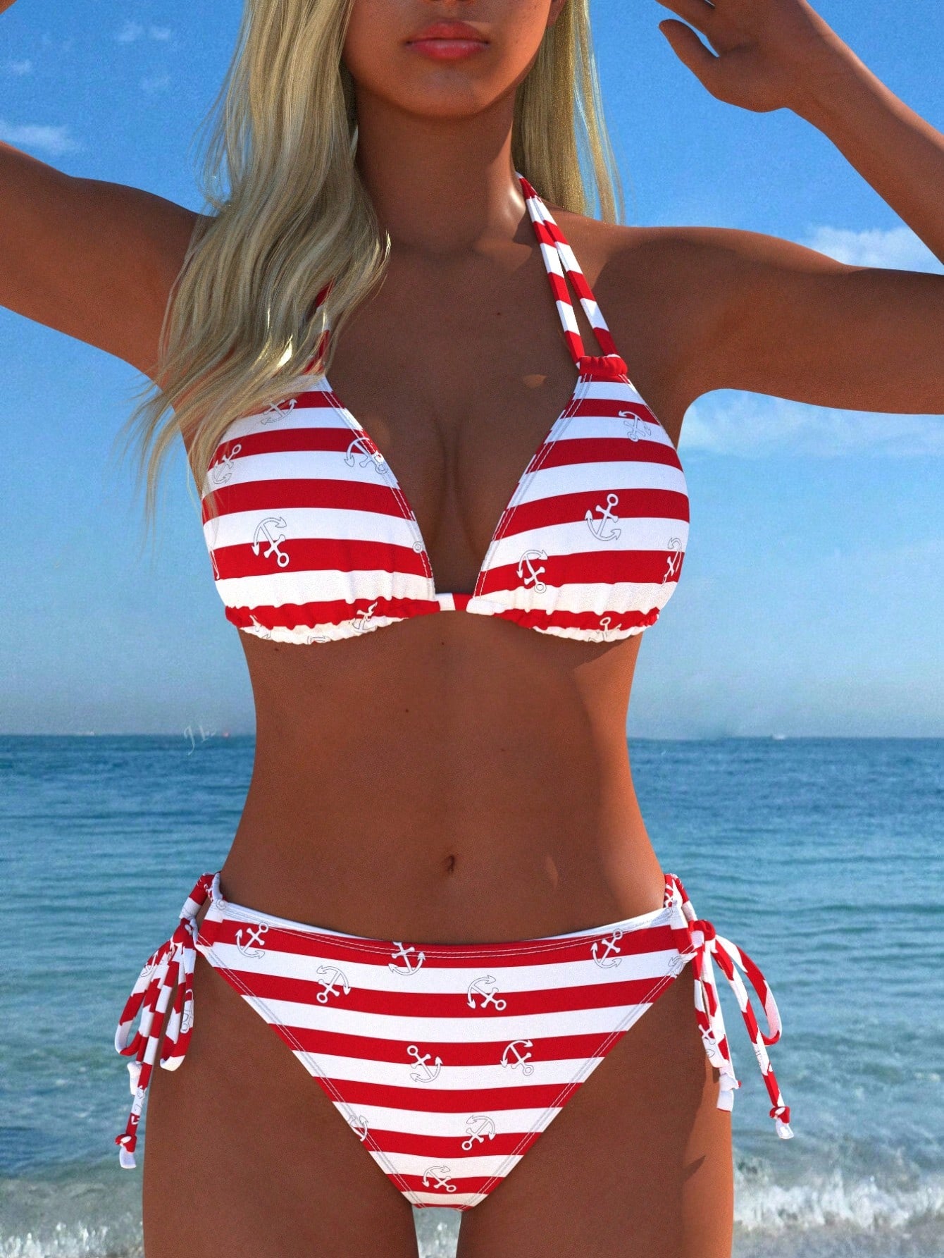 Sexy Casual Women's Halter Bikini Set, Navy Stripe & Anchor Print Tie Swimwear, New Arrival, Holiday Summer Vacation Travel Outfit Beach