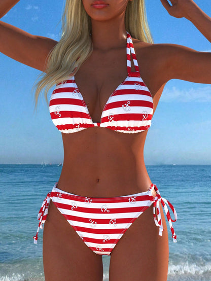 Sexy Casual Women's Halter Bikini Set, Navy Stripe & Anchor Print Tie Swimwear, New Arrival, Holiday Summer Vacation Travel Outfit Beach