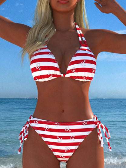 Sexy Casual Women's Halter Bikini Set, Navy Stripe & Anchor Print Tie Swimwear, New Arrival, Holiday Summer Vacation Travel Outfit Beach