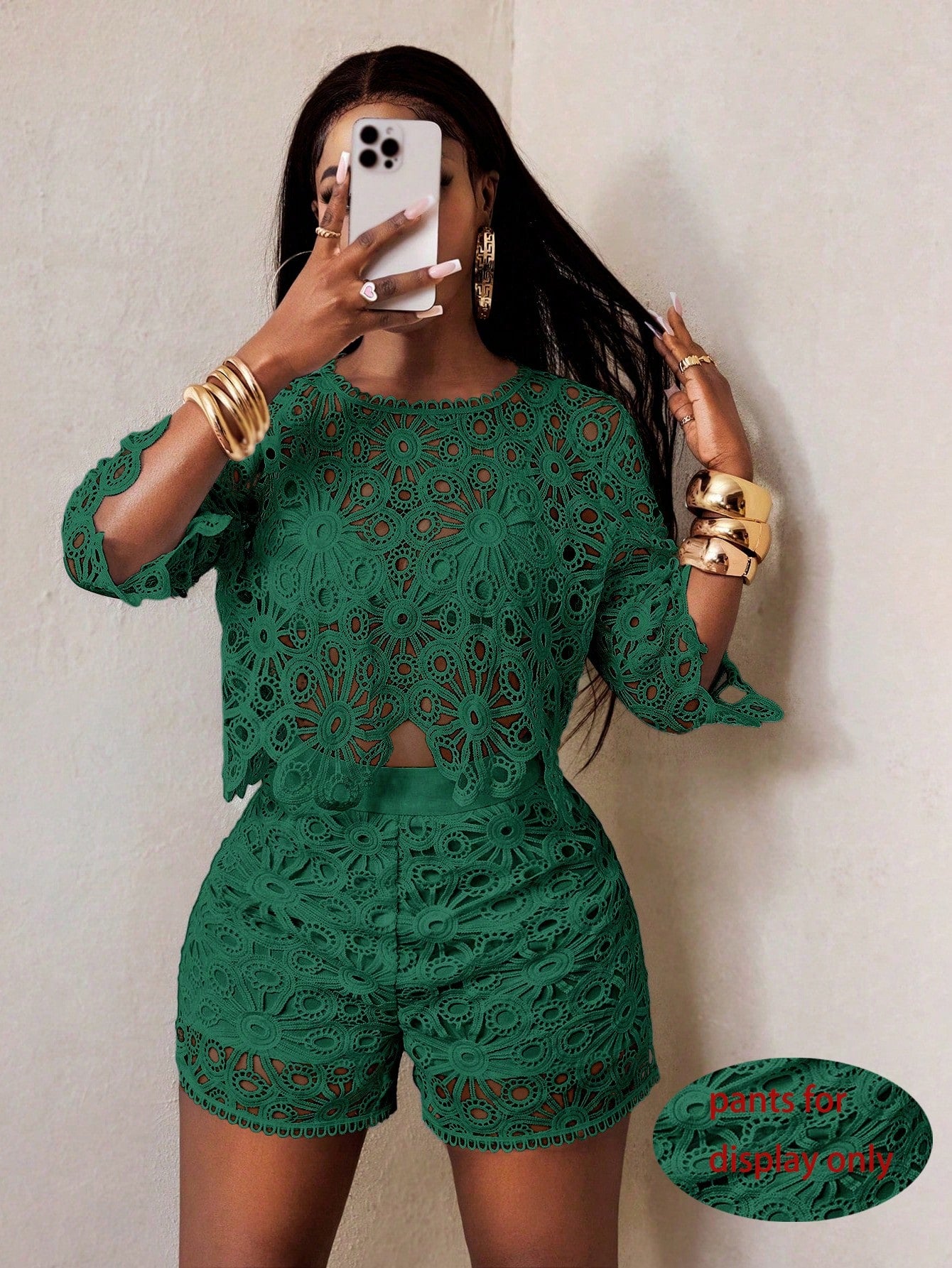 Sexy Cut Out Lace See-Through Flare Sleeve Four Seasons Knit Women's Blouse, Women Tops, Fitted Elegant Crew Neck Tops