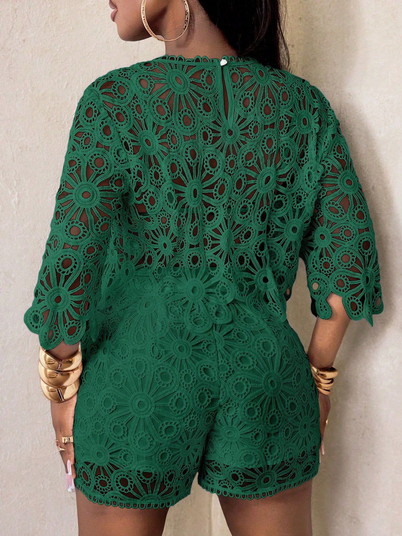 Sexy Cut Out Lace See-Through Flare Sleeve Four Seasons Knit Women's Blouse, Women Tops, Fitted Elegant Crew Neck Tops