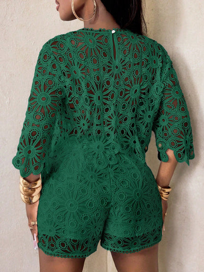 Sexy Cut Out Lace See-Through Flare Sleeve Four Seasons Knit Women's Blouse, Women Tops, Fitted Elegant Crew Neck Tops