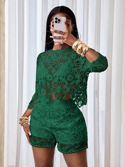 Sexy Cut Out Lace See-Through Flare Sleeve Four Seasons Knit Women's Blouse, Women Tops, Fitted Elegant Crew Neck Tops