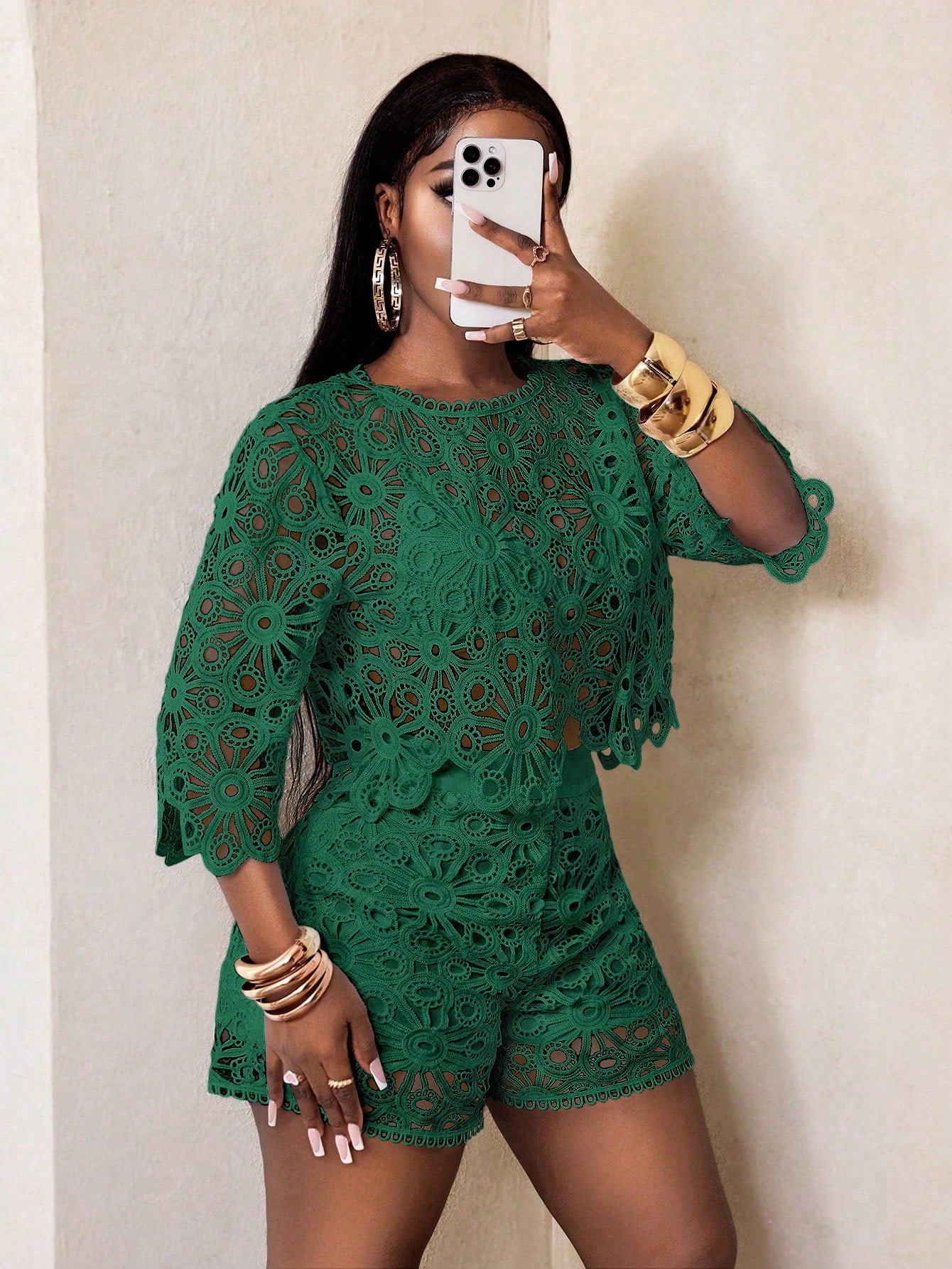 Sexy Cut Out Lace See-Through Flare Sleeve Four Seasons Knit Women's Blouse, Women Tops, Fitted Elegant Crew Neck Tops