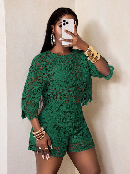 Sexy Cut Out Lace See-Through Flare Sleeve Four Seasons Knit Women's Blouse, Women Tops, Fitted Elegant Crew Neck Tops