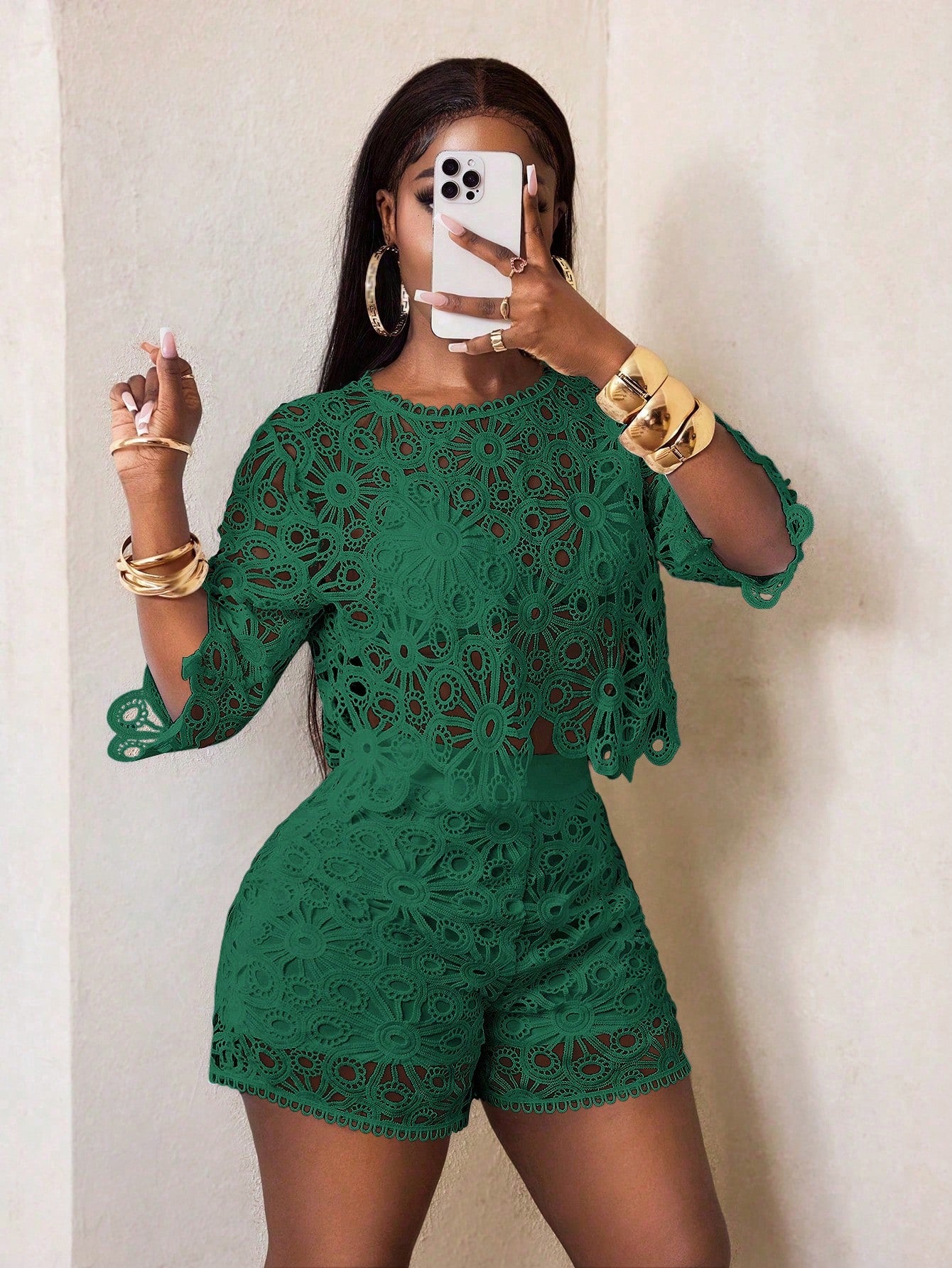 Sexy Cut Out Lace See-Through Flare Sleeve Four Seasons Knit Women's Blouse, Women Tops, Fitted Elegant Crew Neck Tops