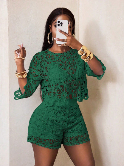 Sexy Cut Out Lace See-Through Flare Sleeve Four Seasons Knit Women's Blouse, Women Tops, Fitted Elegant Crew Neck Tops