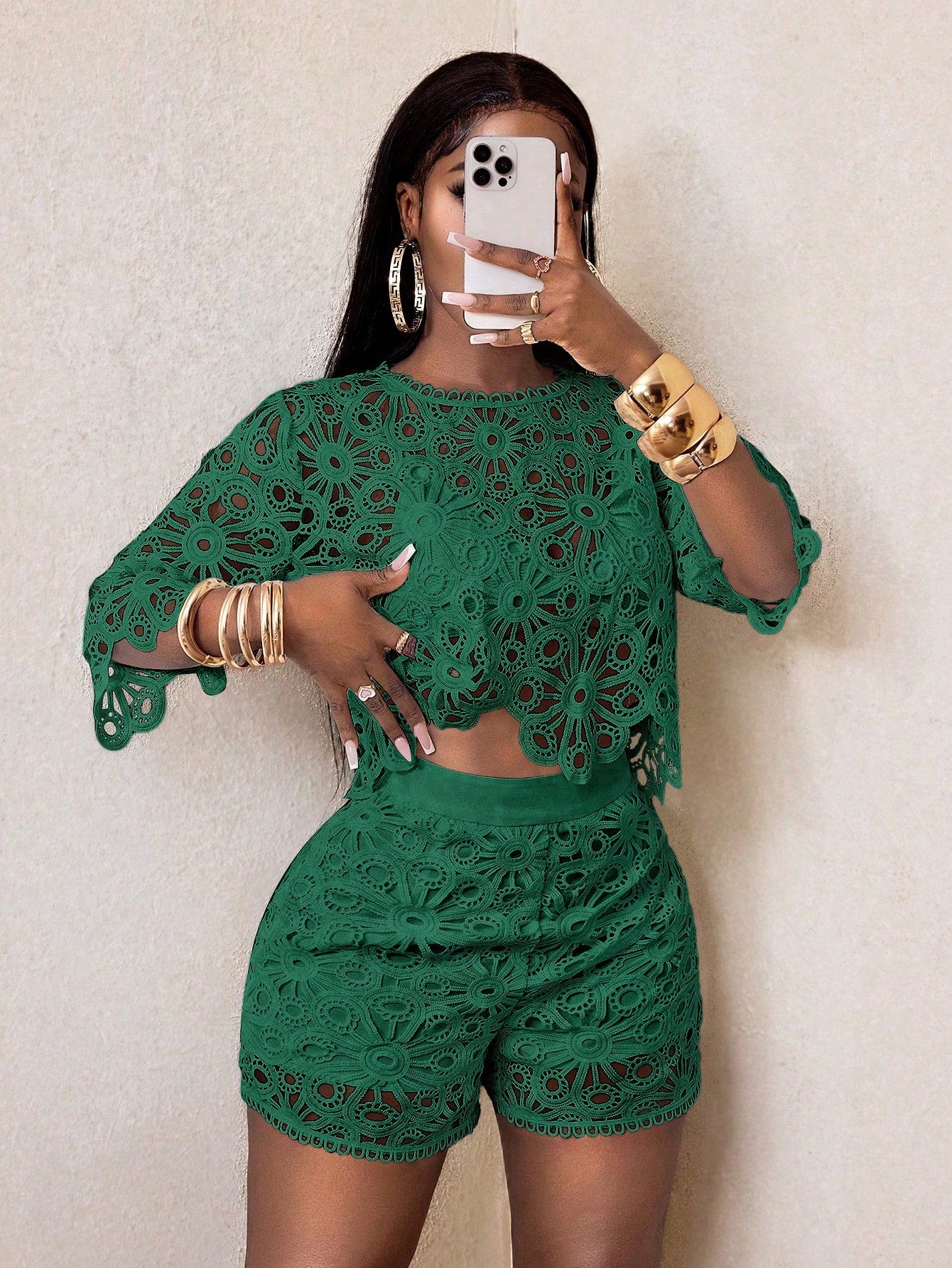 Sexy Cut Out Lace See-Through Flare Sleeve Four Seasons Knit Women's Blouse, Women Tops, Fitted Elegant Crew Neck Tops