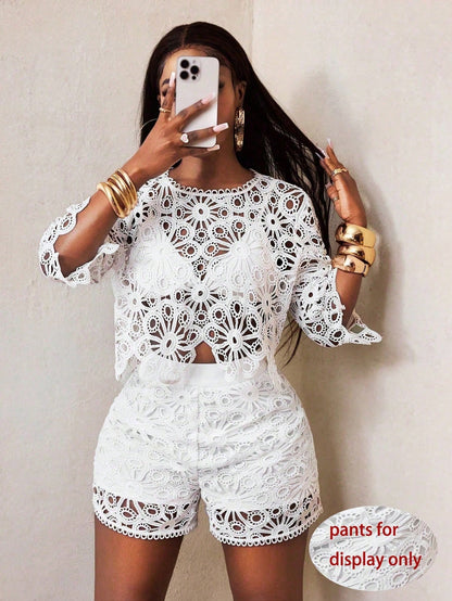 Sexy Cut Out Lace See-Through Flare Sleeve Four Seasons Knit Women's Blouse, Women Tops, Fitted Elegant Crew Neck Tops