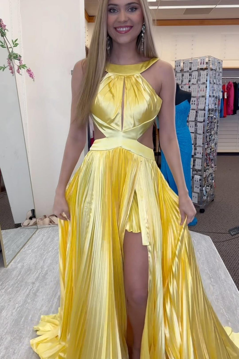 Sexy Halter Yellow Keyhole Pleated A-line Dress