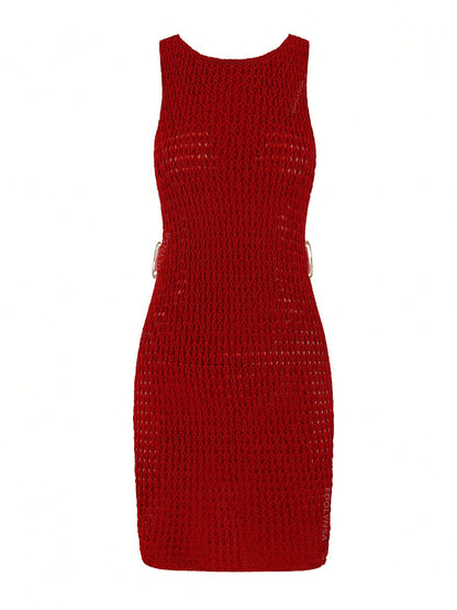 Sexy Knit Cut Out Circle Decoration Slim Beach Mini Dress 2026 Women's Cover Ups Vacation Chic Seaside Beachwear Swimsuit Cover Up Tunic Party Dresses
