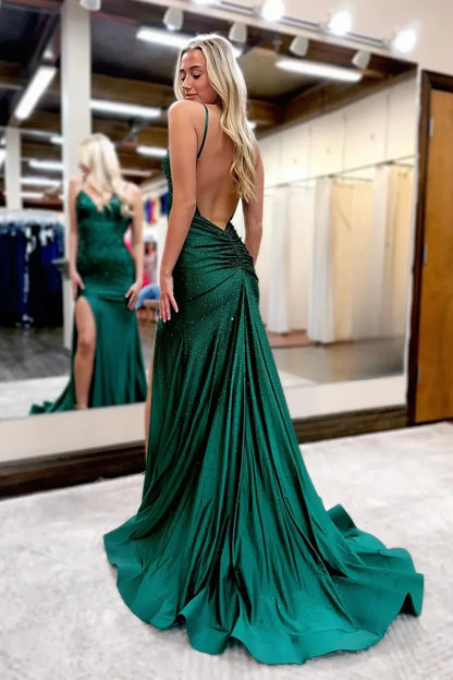 Sexy Mermaid Prom Dress in Glitter Fabric with Open Back and Beaded Corset Bodice