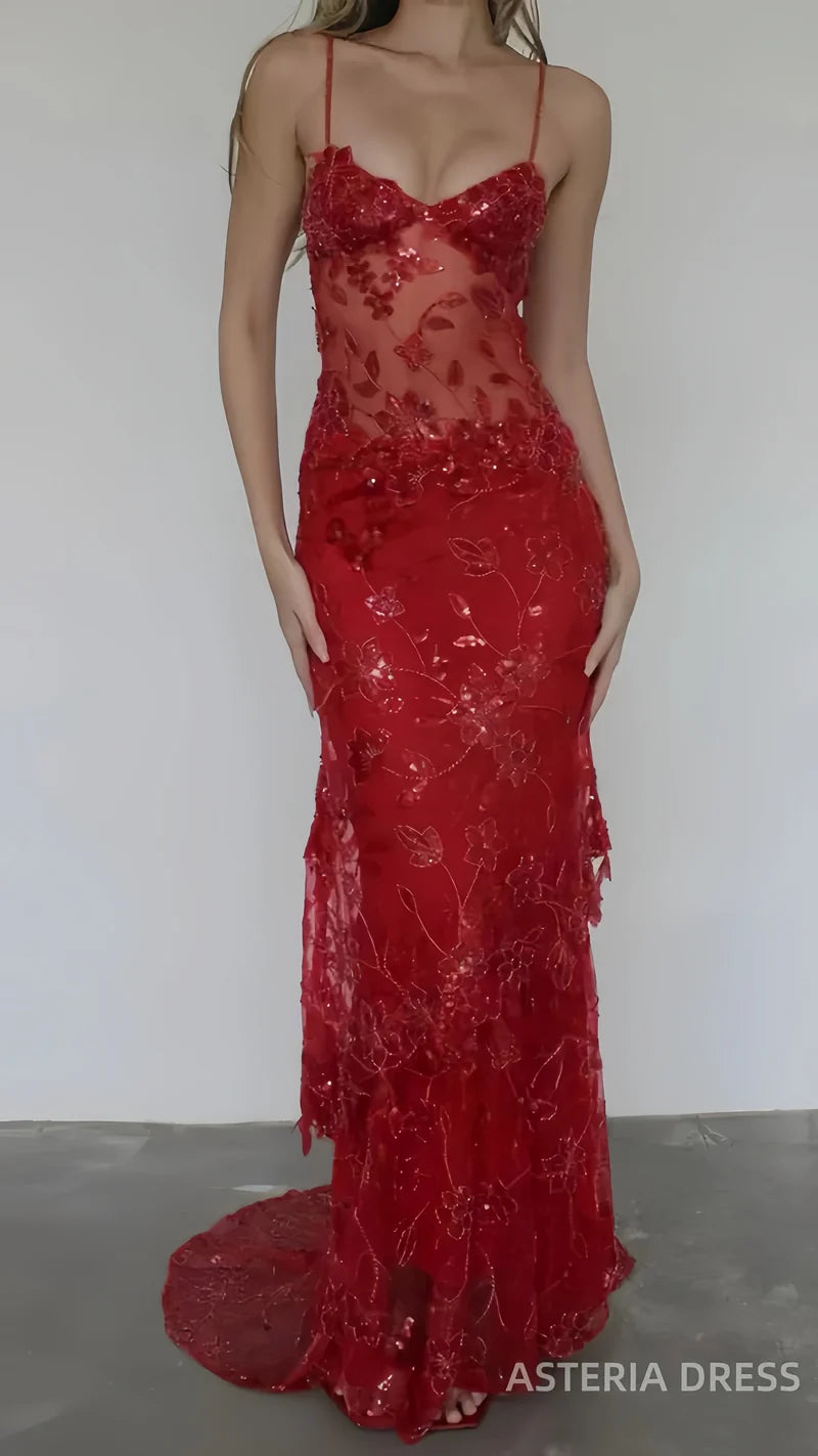 Sexy Red Lace Mermaid Long Prom Dress - V-Neck Evening Gown with Appliques