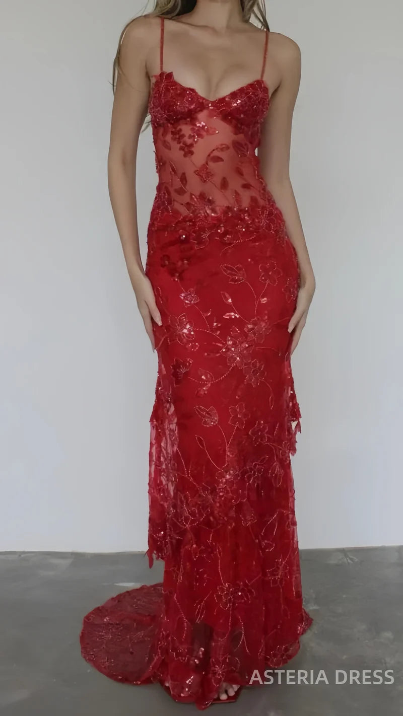 Sexy Red Lace Mermaid Long Prom Dress - V-Neck Evening Gown with Appliques