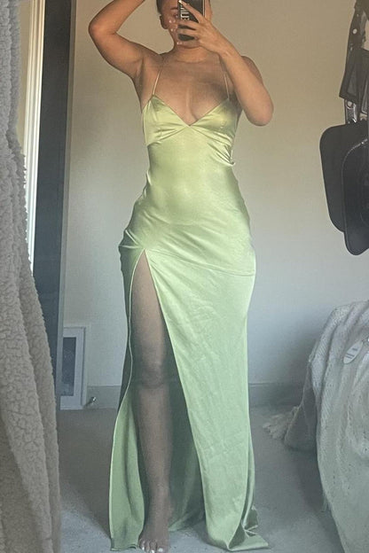 Sexy Straps Green Soft Satin Long Dress