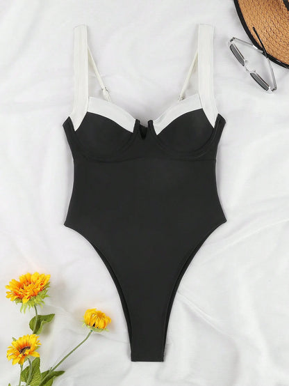 Sexy V Neck Colorblock One-Piece Elegant Women's Swimsuit Summer Spring 2026 Beach Holiday Outfits,Birthday Outfits For Women,Gym Wear Women