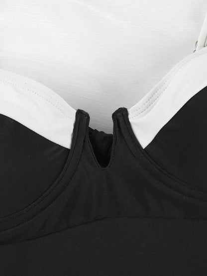 Sexy V Neck Colorblock One-Piece Elegant Women's Swimsuit Summer Spring 2026 Beach Holiday Outfits,Birthday Outfits For Women,Gym Wear Women