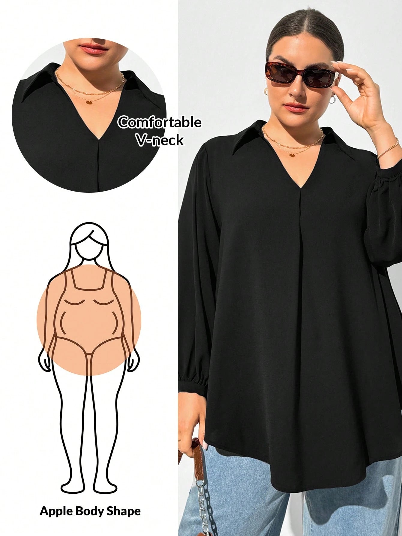 Shapeblank Plus Size Women's Black Autumn Casual Business Casual Elegant Everyday Loose V-Neck Long-Sleeved Shirt Blouse Curv Tops Business Formal Office Wear