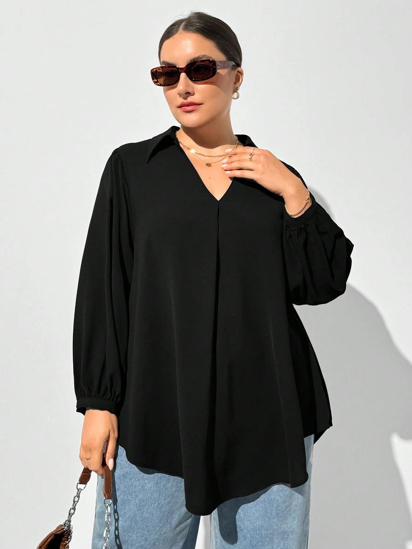 Shapeblank Plus Size Women's Black Autumn Casual Business Casual Elegant Everyday Loose V-Neck Long-Sleeved Shirt Blouse Curv Tops Business Formal Office Wear