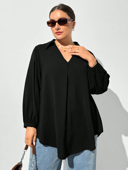 Shapeblank Plus Size Women's Black Autumn Casual Business Casual Elegant Everyday Loose V-Neck Long-Sleeved Shirt Blouse Curv Tops Business Formal Office Wear