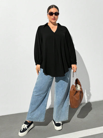Shapeblank Plus Size Women's Black Autumn Casual Business Casual Elegant Everyday Loose V-Neck Long-Sleeved Shirt Blouse Curv Tops Business Formal Office Wear