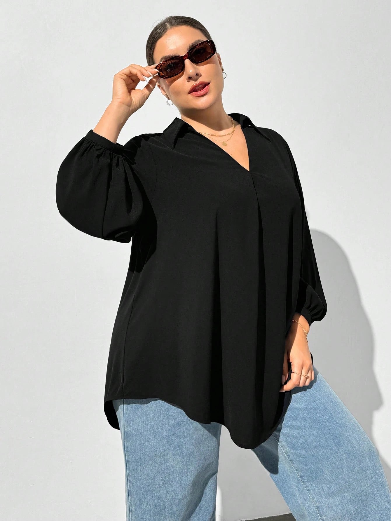Shapeblank Plus Size Women's Black Autumn Casual Business Casual Elegant Everyday Loose V-Neck Long-Sleeved Shirt Blouse Curv Tops Business Formal Office Wear