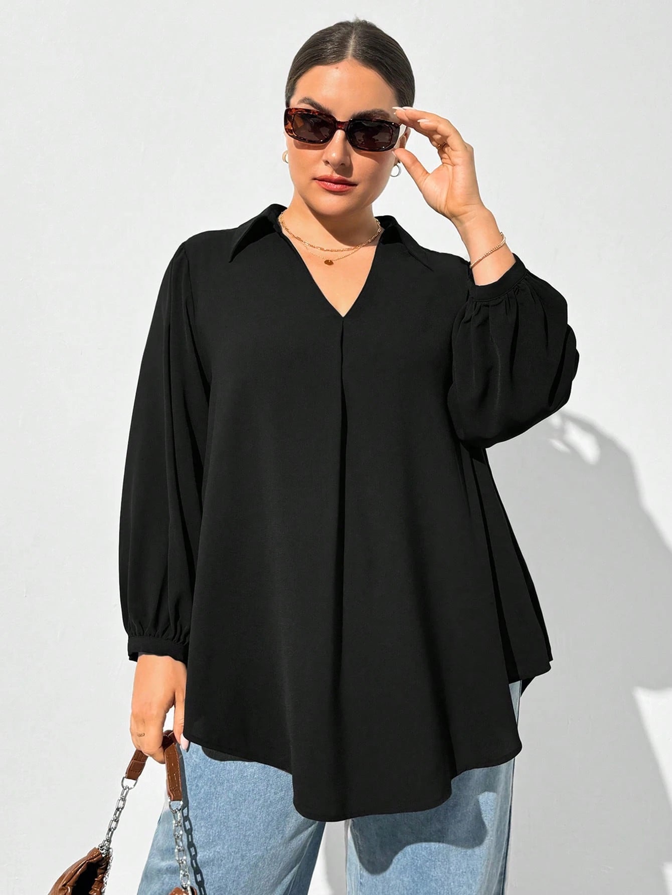 Shapeblank Plus Size Women's Black Autumn Casual Business Casual Elegant Everyday Loose V-Neck Long-Sleeved Shirt Blouse Curv Tops Business Formal Office Wear