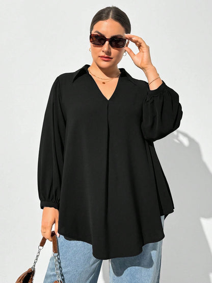 Shapeblank Plus Size Women's Black Autumn Casual Business Casual Elegant Everyday Loose V-Neck Long-Sleeved Shirt Blouse Curv Tops Business Formal Office Wear